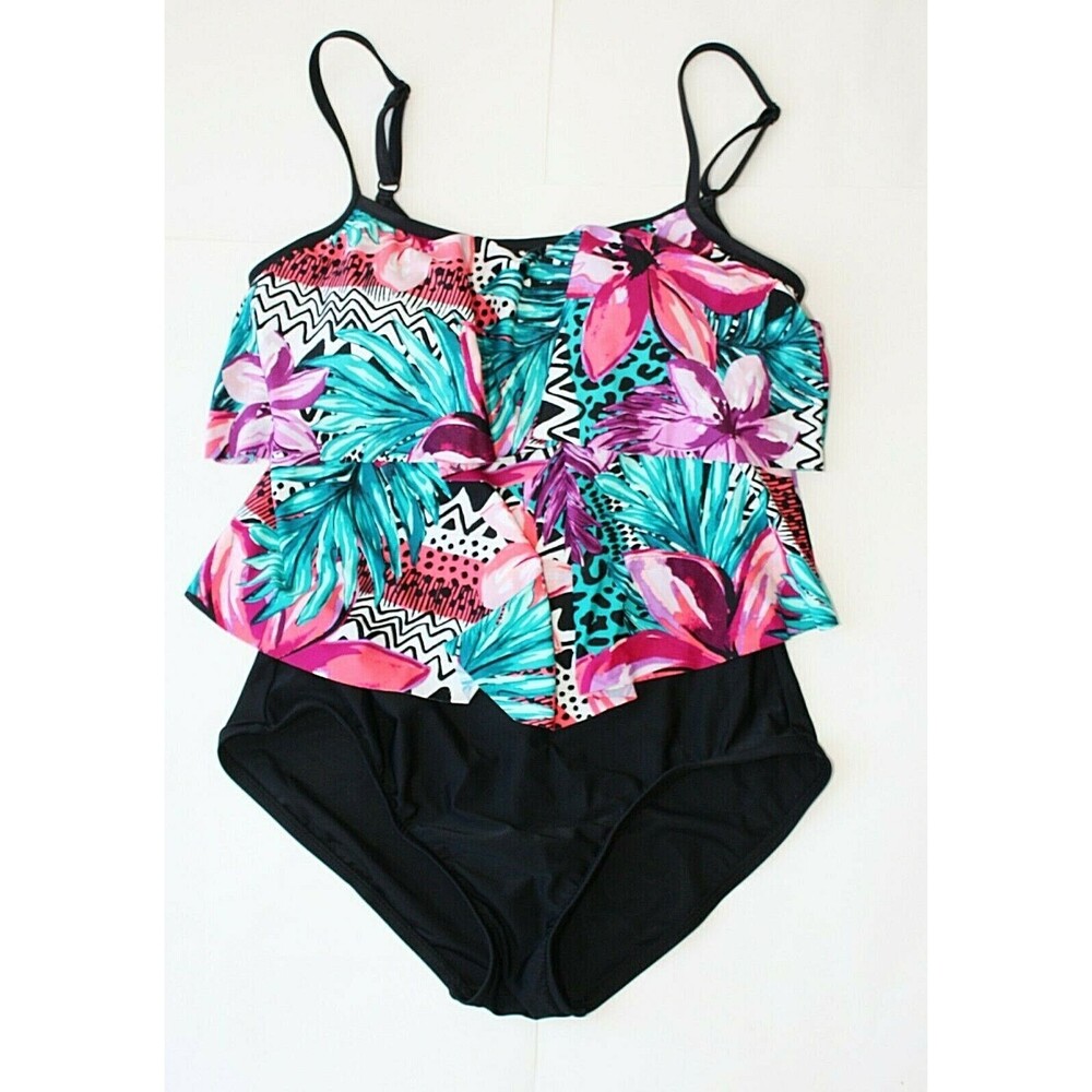 MAXINE OF HOLLYWOOD 1 Pc Swimsuit Sz. 14 Black Multicolor Floral Flounces #03
